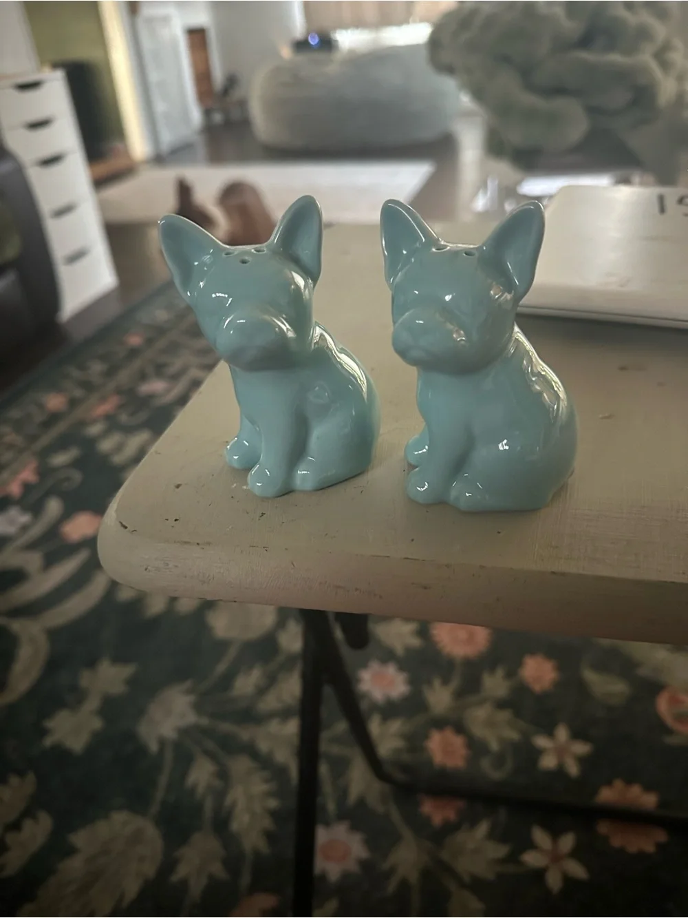 Glossy Light Blue Ceramic French Bulldog Salt & Pepper Set